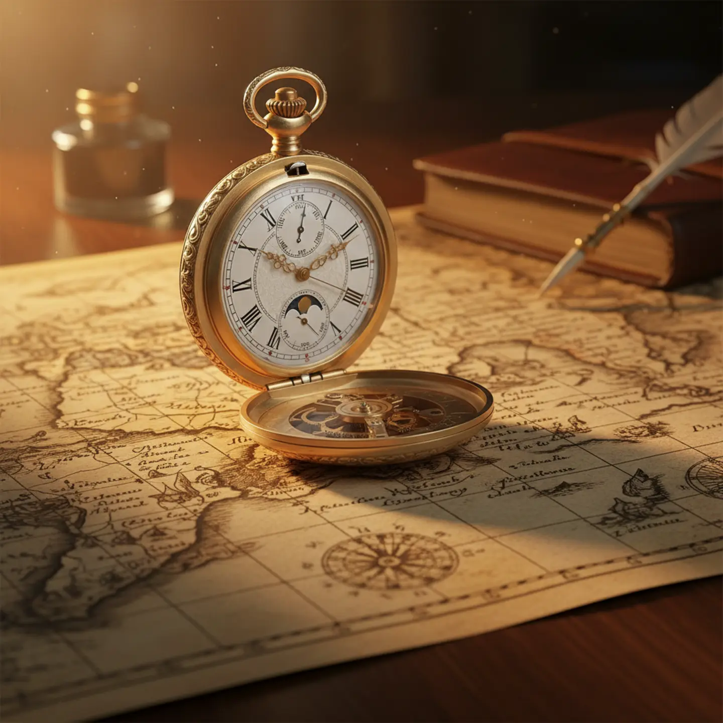 A vintage pocket watch resting on a detailed map