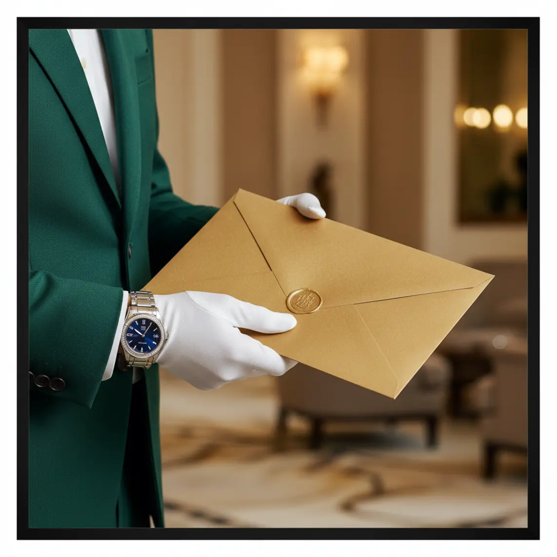 A hand in a tailored suit passing a sealed gold envelope
