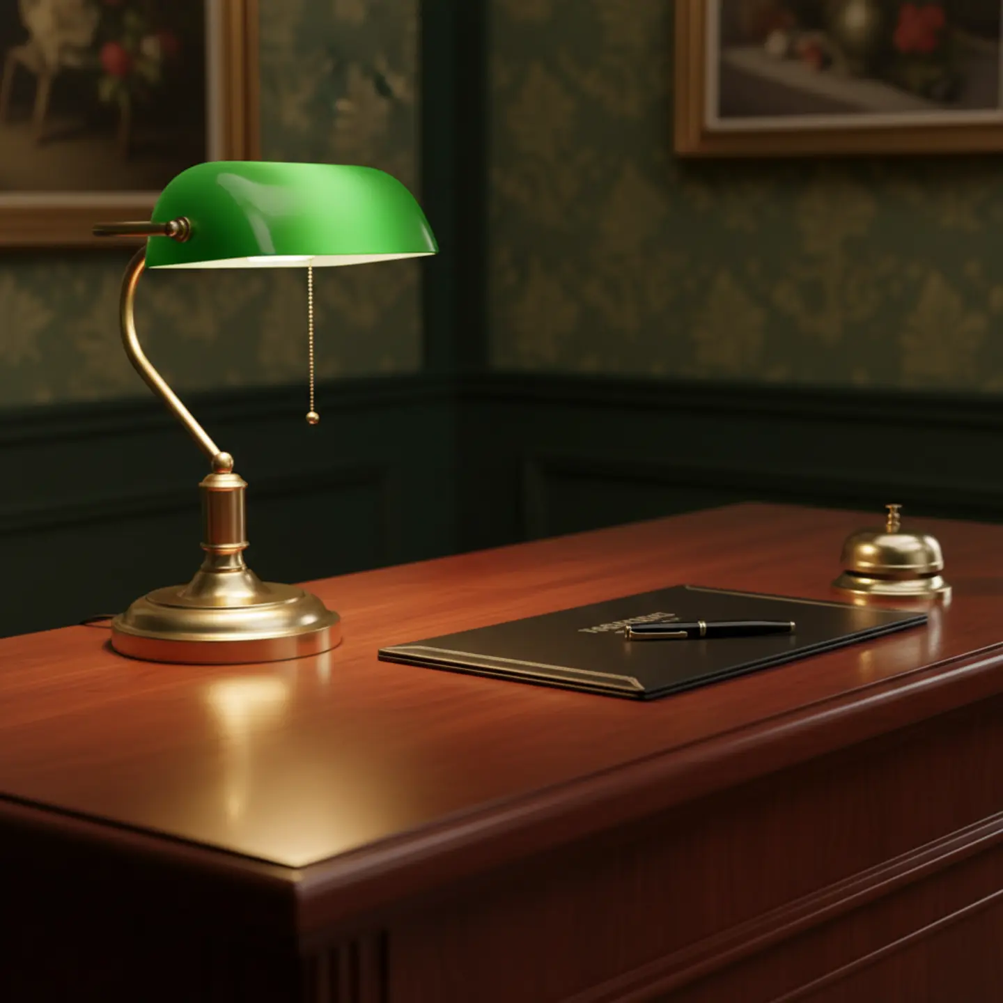 A polished mahogany concierge desk with a brass lamp