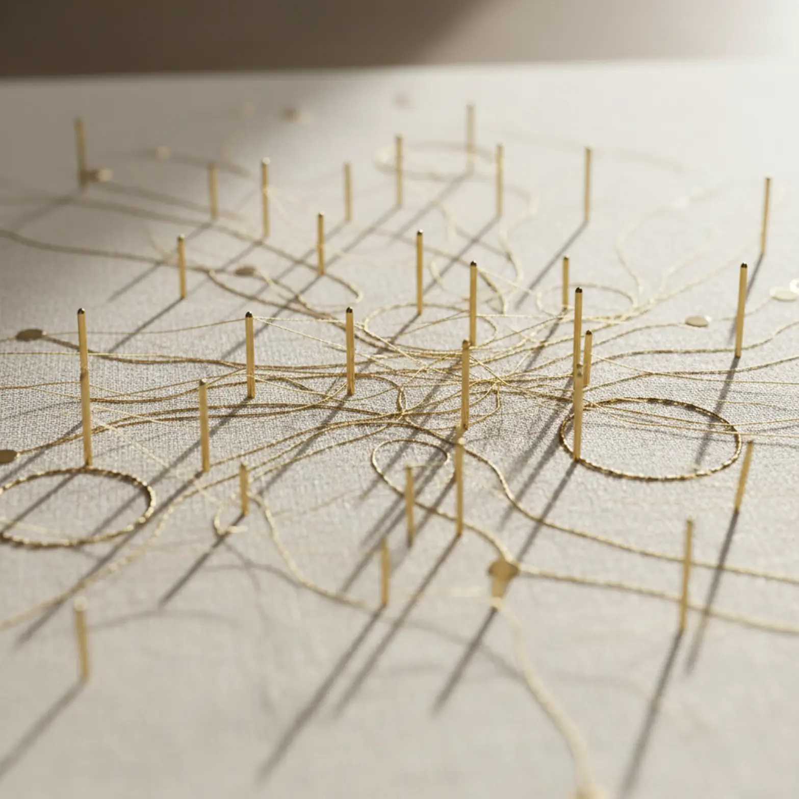 Abstract representation of data pathways using physical string and pins on a board