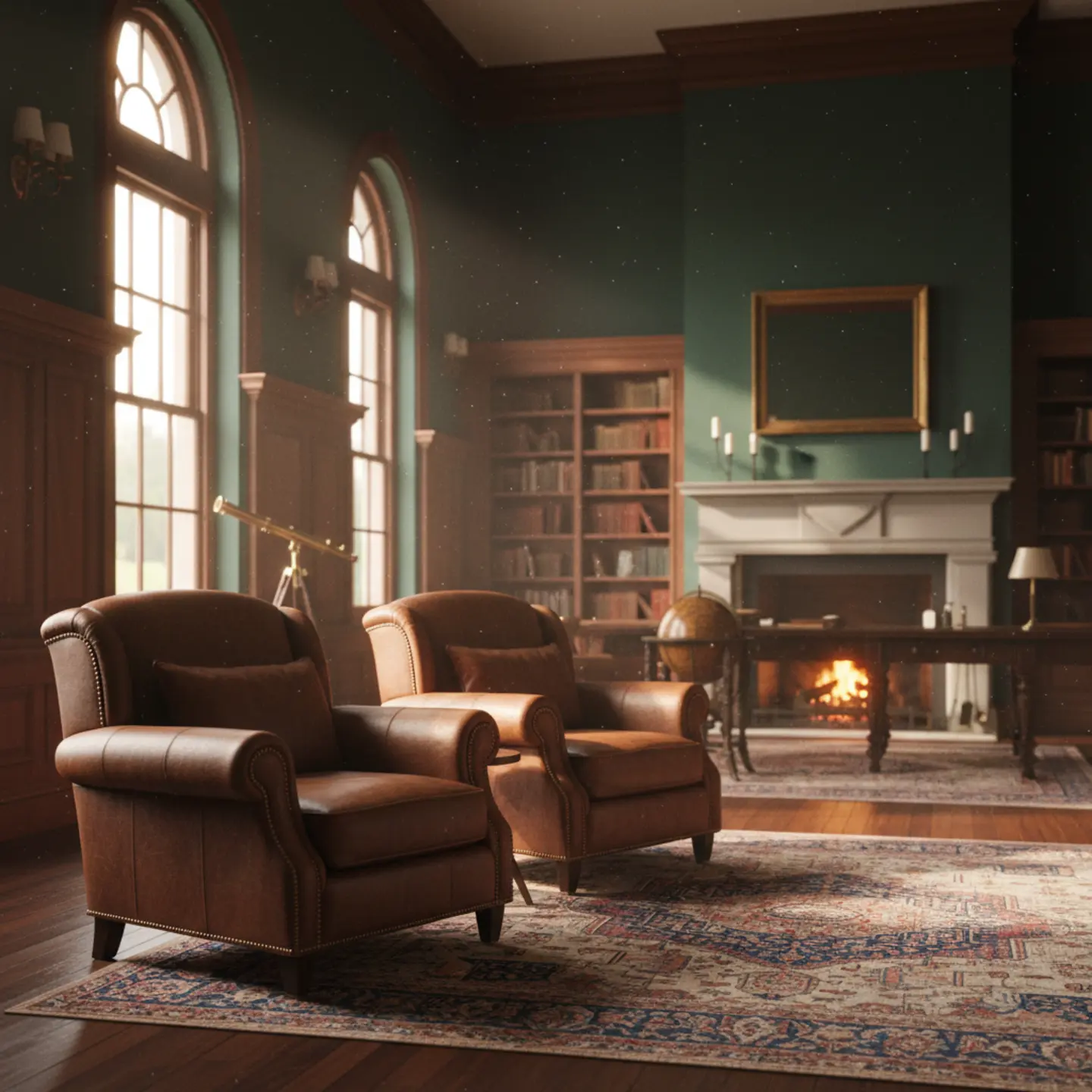 Sunlit heritage club room with leather armchairs and subtle gold details