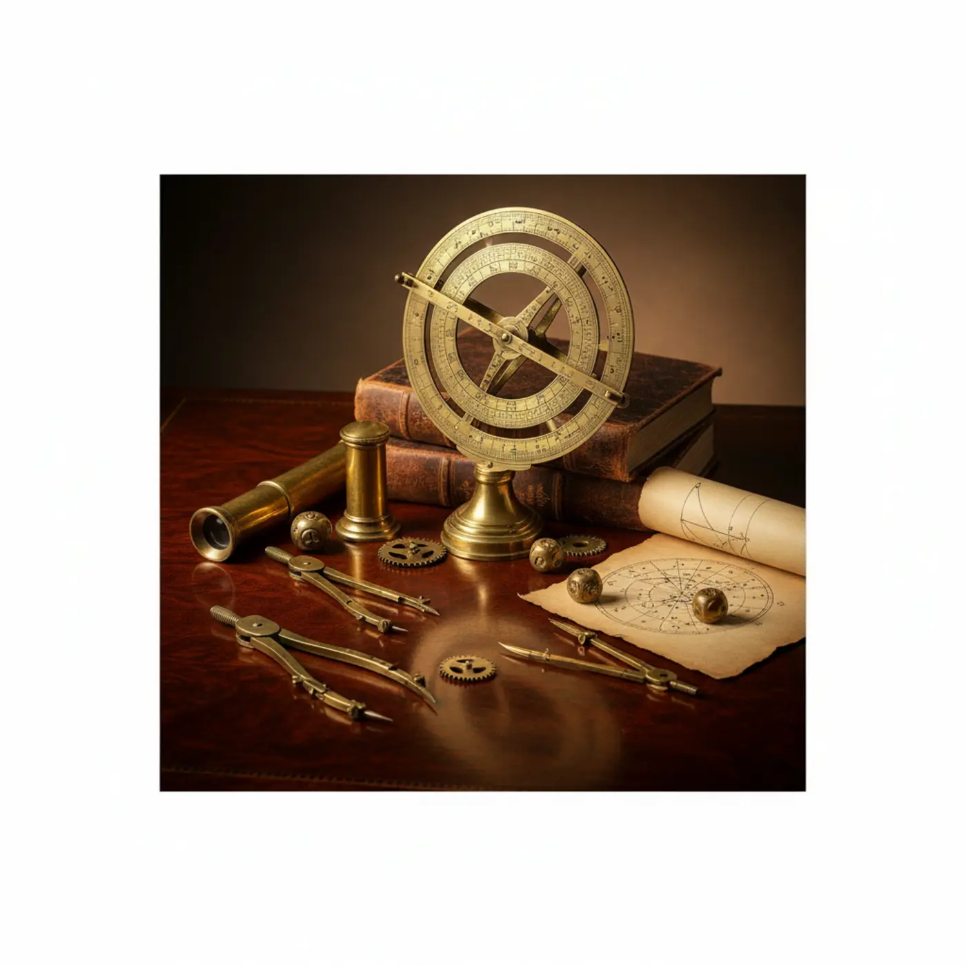 Antique brass mathematical instruments on dark wood
