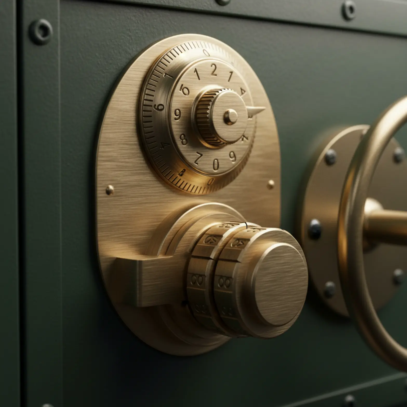 Close up of a brushed brass combination lock